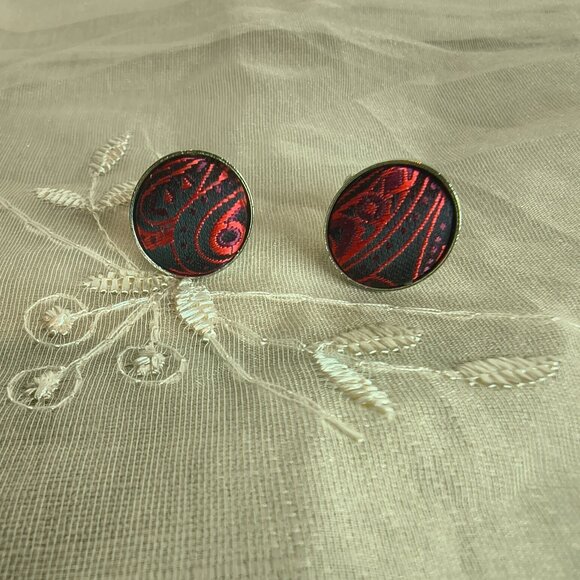 Silver Tone Red and Black Silk Fabric Cuff Links - Picture 1 of 6